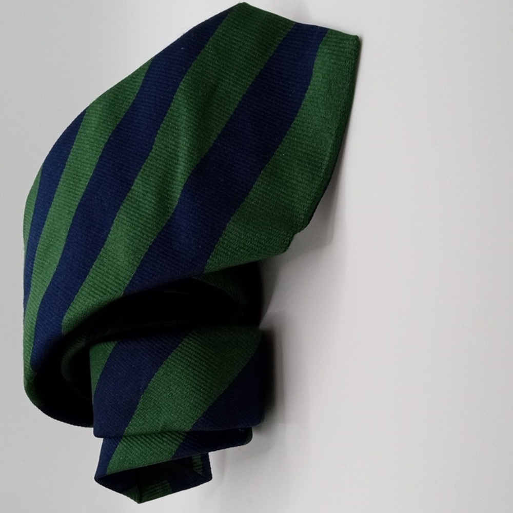 Saks Silk Tie Repp Navy & Green Striped Men's Necktie Made In USA 56 Collegiate